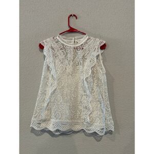 Adiva Women's Size Medium Sleeveless High neck Embroidered Lace blouse White
